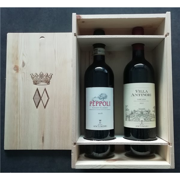 CONFEZIONE REGALO: Cassetta in Legno con 1 BOTTIGLIA Villa Antinori  Rosso - 1 Bottiglia Chianti Classico Peppoli  Antinori