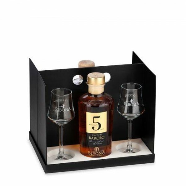 Distilleria Sibona - Box in Tischverpackung (2 Bt. x50cl) : Grappa Barolo 5 Jahre und Grappa Whiskey mit 4 Gläsern Distilleria Sibona - Box in Tischverpackung (2 Bt. x50cl) : Grappa Barolo 5 Jahre und Grappa Whiskey mit 4 Gläsern