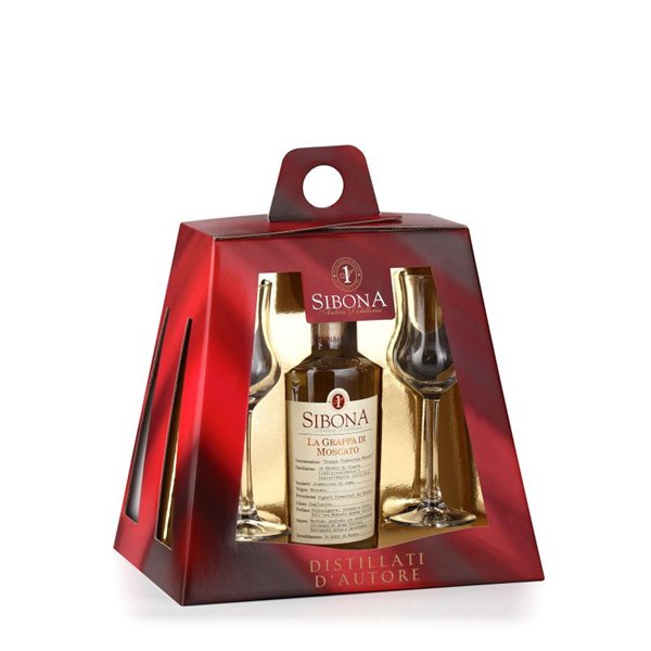 Distilleria Sibona - Confezione Piramide 1 bt. 50cl Grappa di Moscato e 4 bicchieri degustazione Distilleria Sibona - Confezione Piramide 1 bt. 50cl Grappa di Moscato e 4 bicchieri degustazione
