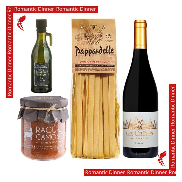 Cena romantica per 2 Persone - Tradizioni della Valle D'Aosta - Ragù di Camoscio & Pappardelle & Fumin Cena romantica per 2 Persone - Tradizioni della Valle D'Aosta - Ragù di Camoscio & Pappardelle & Fumin