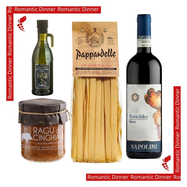 Cena romantica per 2 Persone - Tradizioni dell'Umbria - Pappardelle & Ragù di Cinghiale & Montefalco Rosso Cena romantica per 2 Persone - Tradizioni dell'Umbria - Pappardelle & Ragù di Cinghiale & Montefalco Rosso